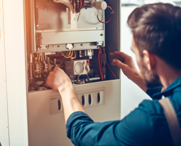 Repairman fixing a broken electric boiler or furnace with focus enjeux de la maintenance du bâtiment dans la transition énergétique