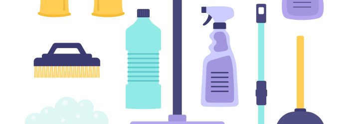 cartoon vector illustration with cleaning supplies isolated