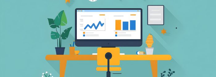 This image depicts a modern and organized workspace setup,featuring a computer monitor displaying analytics data and charts The desk also includes various office accessories,a potted plant,and other